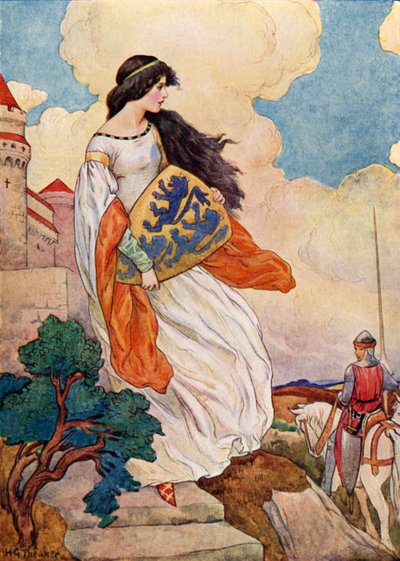 La princesse Iseult avec le bouclier de Sir Tristram de Lyonesse (lithographie couleur) - Harry George Theaker
