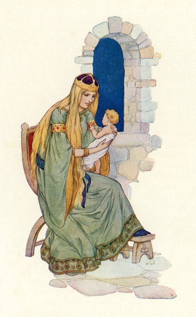 La reine et le petit Lancelot (lithographie couleur) - Harry George Theaker