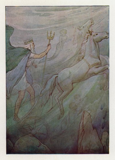 Le roi des mers dans son char étincelant, tiré par des chevaux verts (lithographie en couleurs) - Harry George Theaker
