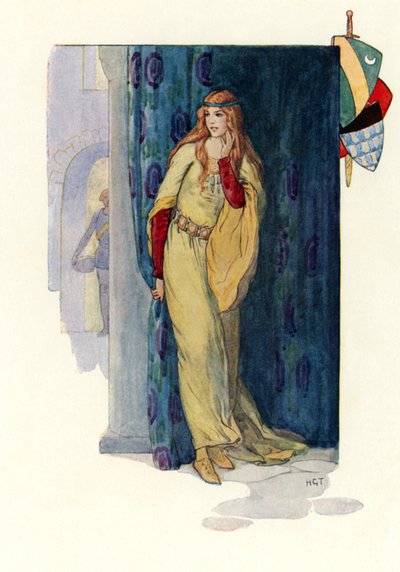 La jeune fille rose muette se cachant derrière un rideau (lithographie couleur) - Harry George Theaker