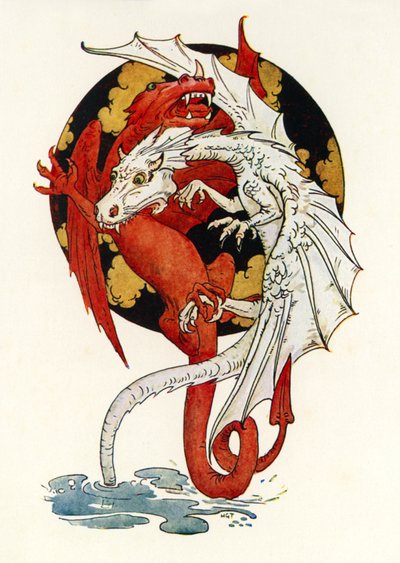 Le combat des dragons (lithographie couleur) - Harry George Theaker