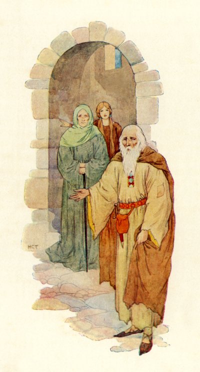 Le vieil homme invite le chevalier à entrer dans le palais en ruine (lithographie couleur) - Harry George Theaker