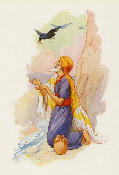Les corbeaux ont apporté du pain et de la viande à Elie (lithographie couleur) - Harry George Theaker