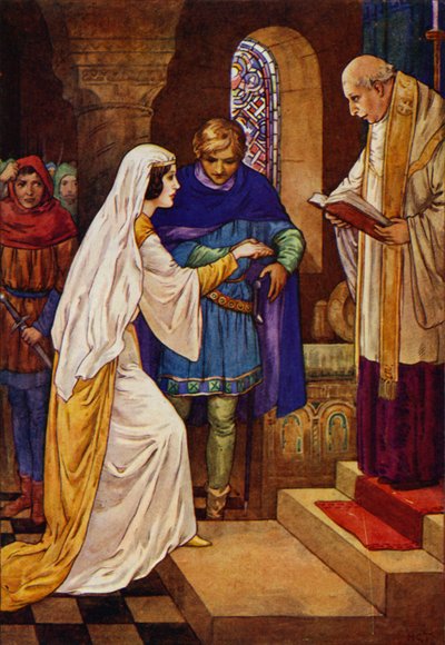 Le prêtre les a ensuite mariés (lithographie en couleur). - Harry George Theaker