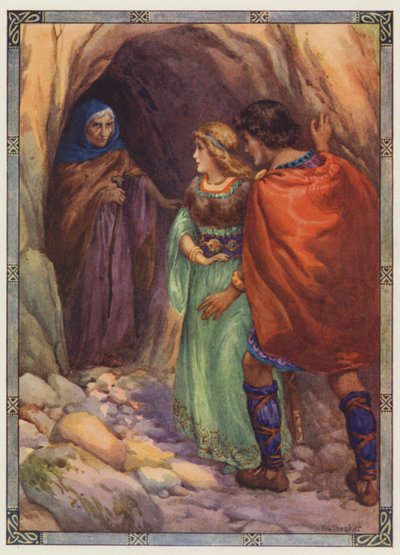 "Ils arrivèrent à une grotte au bord de la mer", Diarmuid et Grania (lithographie couleur) - Harry George Theaker