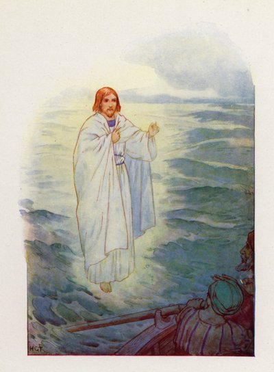 En marchant sur la mer agitée, les pêcheurs ont vu la figure de Jésus (lithographie couleur) - Harry George Theaker