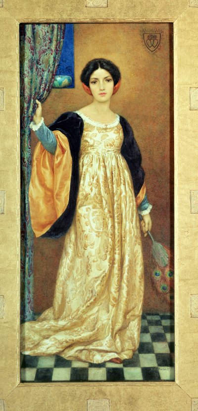 Femme avec un éventail de paon (aquarelle) - Harry George Theaker