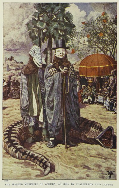 Les mimes masqués du Yoruba, vus par Clapperton et Lander, illustration de "Pioneers of West Africa", 1912 - Harry Hamilton Johnston