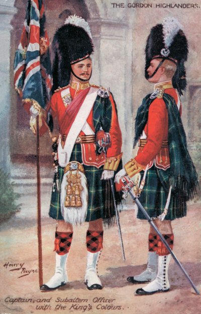 Les Gordon Highlanders, capitaine et officier subalterne, avec les couleurs du roi - Harry Payne