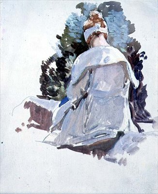 Femme en robe blanche assise sur des rochers - Harry Watson