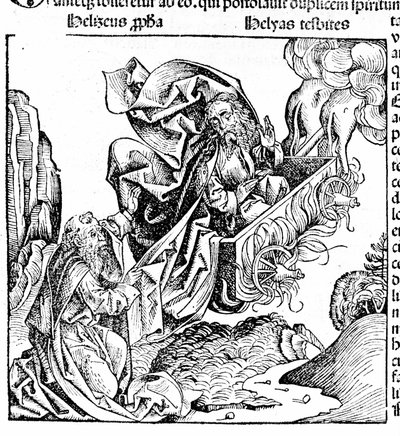 Élie monte dans un char de feu, laissant son domaine à Élisée. Hartmann Schedel : Chronique de Nuremberg. Nuremberg 1497 - Hartmann Schedel