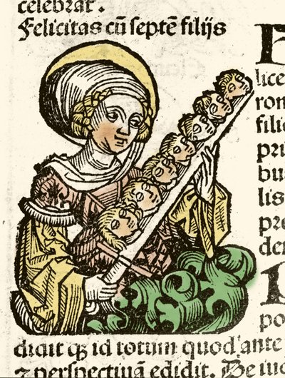 Représentation de Sainte Félicité, martyre à Rome avec les têtes de ses sept enfants. Xylographie de Hartmann Schedel « Chroniques de Nuremberg » 1493 - Hartmann Schedel