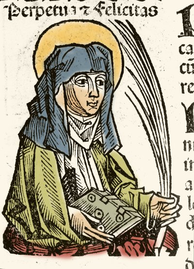Représentation de Saint Perpétue, martyre à Carthage. Xylographie de Hartmann Schedel, Chroniques de Nuremberg, 1493 - Hartmann Schedel