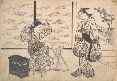 Deux femmes dans une pièce ouvrant sur une véranda - Hasegawa Mitsunobu