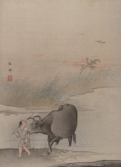 Garçon avec une vache au bord de la rivière - Hashimoto Gaho