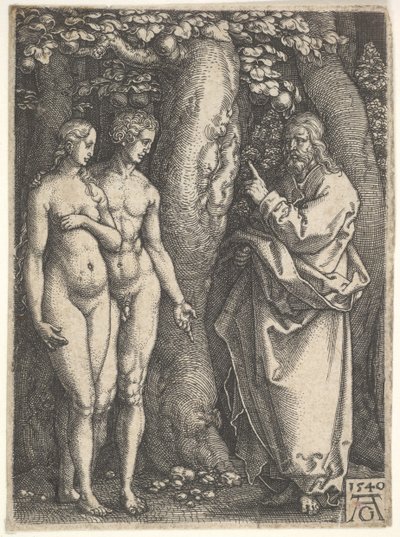 Dieu à droite interdisant à Adam et Ève nus à gauche de manger de l