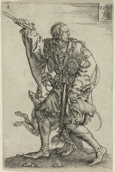 Maître de cérémonie avec un chien, planche une des grands danseurs de mariage - Heinrich Aldegrever