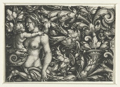 Ornement avec des rinceaux et une triton femelle avec un enfant - Heinrich Aldegrever