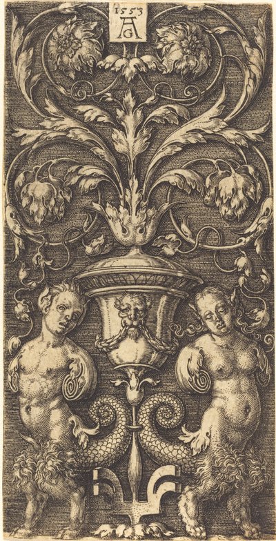 Ornement avec vase et deux figures féminines, 1553 - Heinrich Aldegrever