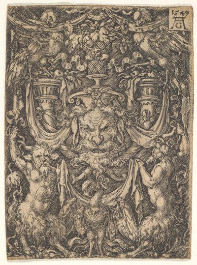 Design ornemental avec un masque et un aigle entre deux faunes en bas, 1549 - Heinrich Aldegrever