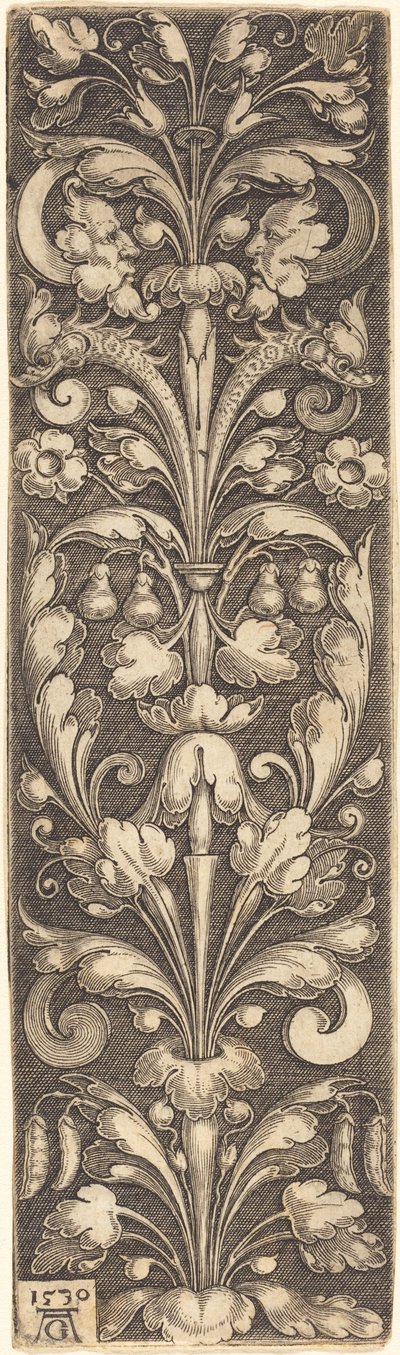 Branche de feuillage ornemental avec deux masques et deux dauphins - Heinrich Aldegrever