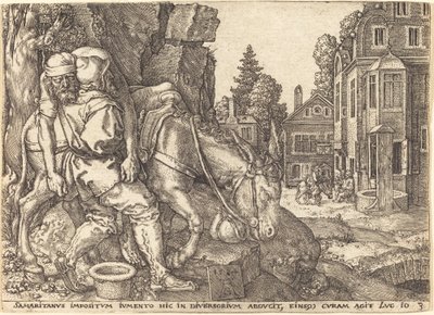 Le Bon Samaritain plaçant le voyageur sur une mule - Heinrich Aldegrever
