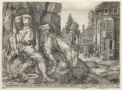 La parabole du bon Samaritain : Le bon Samaritain mettant le voyageur sur son âne, 1554 - Heinrich Aldegrever
