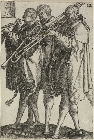 Trois trombonistes, planche douze de Les grands danseurs de mariage - Heinrich Aldegrever