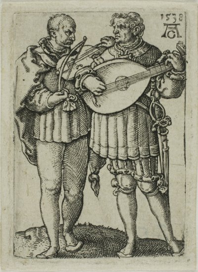 Deux musiciens jouant du violon et du luth, planche une des Petits danseurs de mariage - Heinrich Aldegrever