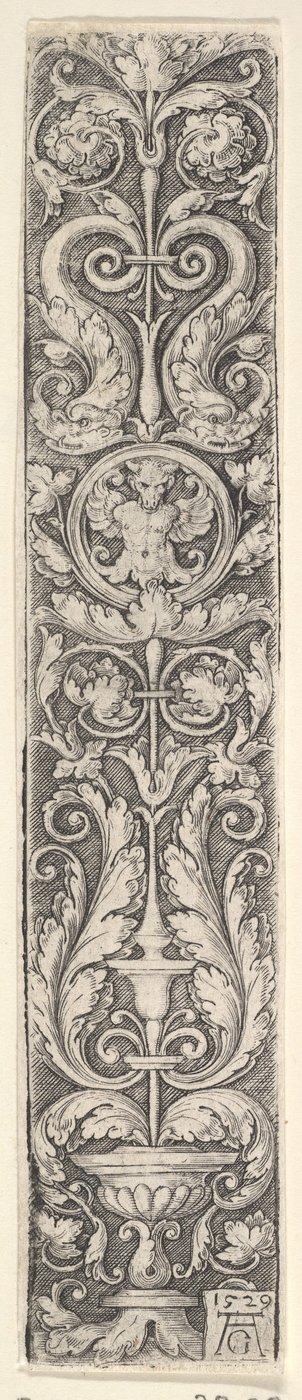 Panneau vertical avec un candélabre contenant un médaillon avec un centaure et une paire de dauphins, 1529 - Heinrich Aldegrever