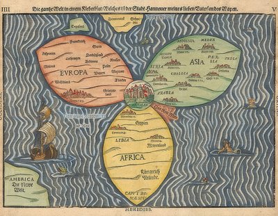 Trois continents du monde en forme de trèfle, avec Jérusalem au centre - Heinrich Bünting