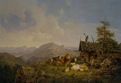 Paysage en Oberbayern avec des bergers et leurs troupeaux se reposant près d