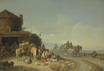 Voyageurs devant une auberge - Heinrich Burkel
