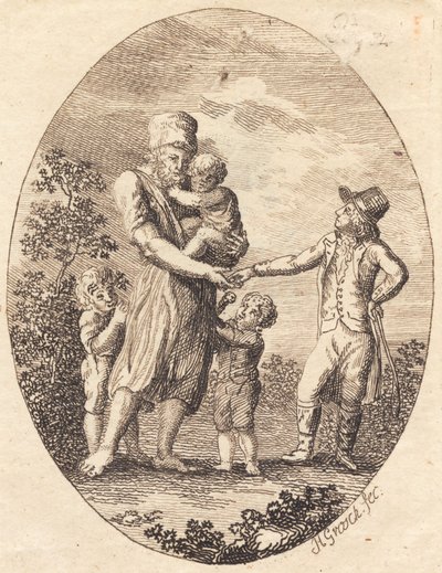 Un homme donne une pièce à boire à un homme avec deux enfants - Heinrich Grosch