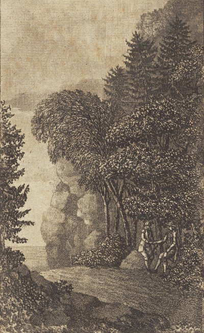 Paysage avec rochers et grands arbres, à droite deux hommes - Heinrich Grosch