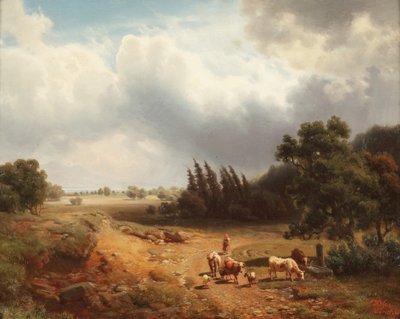 Paysage boisé avec une bergère et son bétail, 1862 - Heinrich Hofer