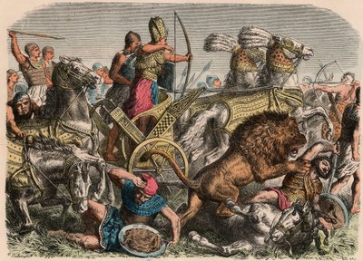 Égypte ancienne : Pharaon Ramsès II combattant les lions de guerre de l