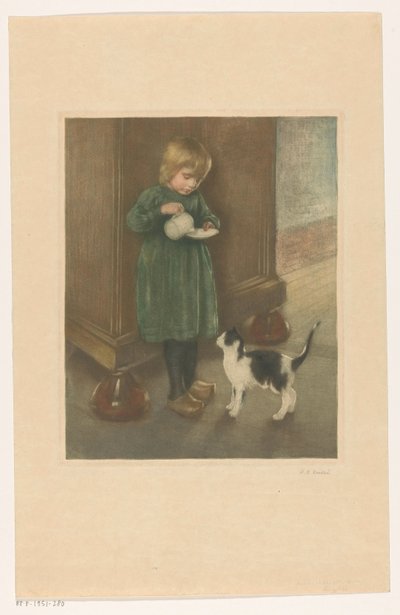 Fille nourrissant un chat - Heinrich M. Krabbé (signed by artist)