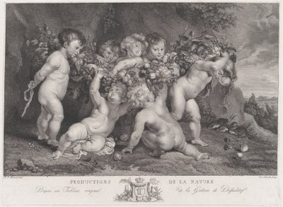 Sept putti portant une guirlande de fruits - Heinrich Schmitz