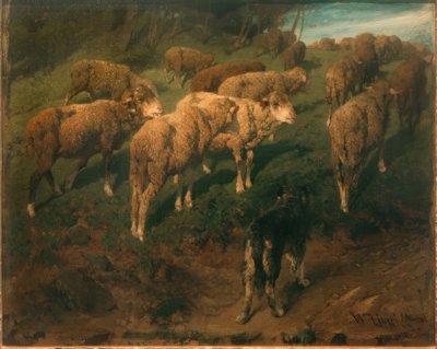 Moutons avec chien noir - Heinrich von Zügel
