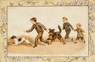 Carte de vœux représentant des enfants jouant avec leurs chiens - Helena J. Maguire