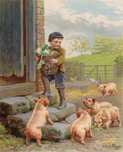 Cochons affamés regardant un garçon portant un panier de navets dans une ferme - Helena J. Maguire