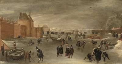 Patineurs, joueurs de kolf et traîneaux sur une rivière gelée près de la porte de la ville St. Janspoort, avec la Kruispoort en arrière-plan et le moulin Pink au-delà, Haarlem - Hendrick Avercamp (studio of)
