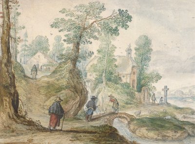 Paysage fluvial boisé avec une église et des figures, vers 1613 - Hendrick Avercamp