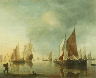 Navires au mouillage en mer calme; lumière du soir, c.1650-60 - Hendrick Dubbels