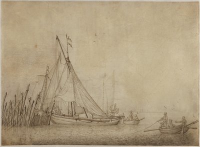 Navires à un barrage de pêche avec une ville en arrière-plan - Hendrick Dubbels