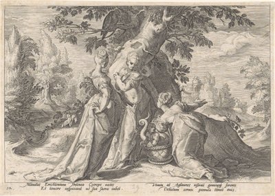 Les filles de Cécrops ouvrent le panier de Minerve - Hendrick Goltzius (workshop of)