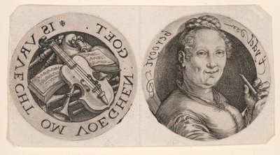 Buste de femme tenant une flûte et des instruments de musique, sur une feuille - Hendrick Goltzius