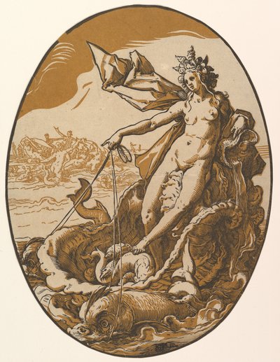 Téthys couchée dans un gigantesque char en coquillage tiré par deux créatures marines, extrait de «Les Divinités» - Hendrick Goltzius