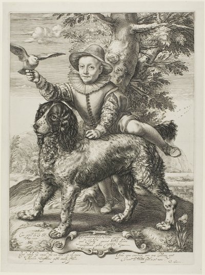 Vries, Frederik de (mort en 1613) fils du peintre Dirck de Vries, élève de Goltzius, avec le chien de Goltzius - Hendrick Goltzius